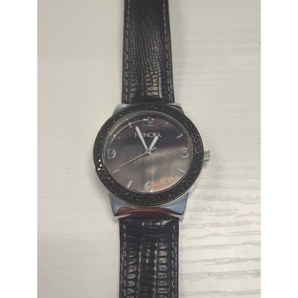 Honora MOP Watch 1.00 Ct Black Spinel Bezel Leather 38mm Fits 7 -9" New Battery - Picture 1 of 5